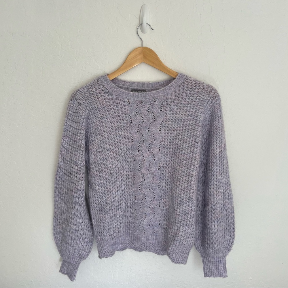 Francesca’s Courtney Pointelle Balloon Sleeve Cable Knit Lavender Sweater